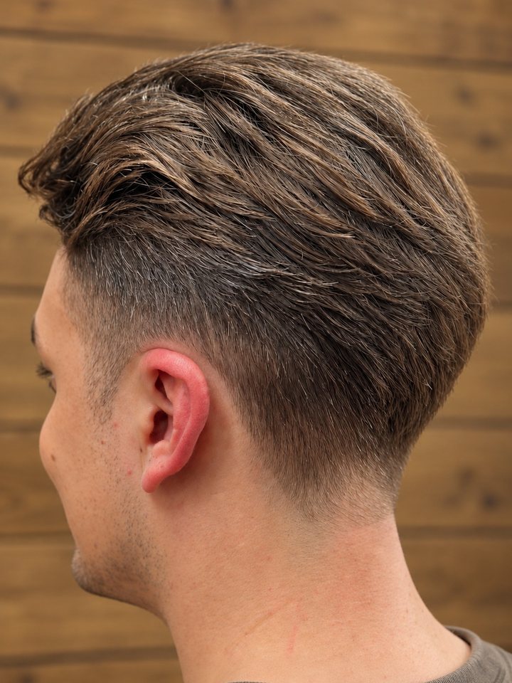 Men's swept-back cut with a clean taper fade, seen from the back, at Ergys Studio