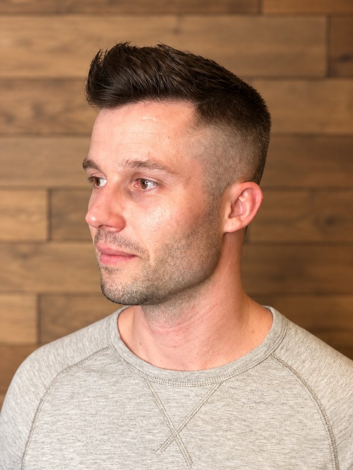 Men's classic short cut with a skin fade, by Ergys, at Ergys Studio