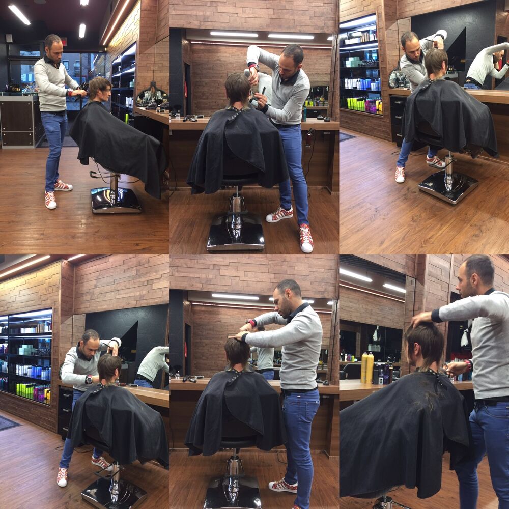 Men's haircuts in progress at the Ergys Studio stations