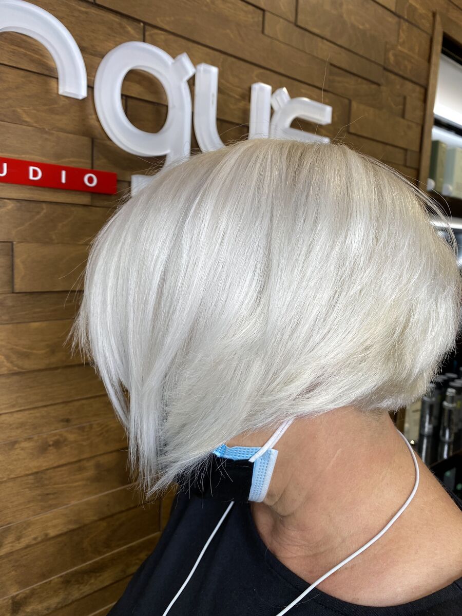 Platinum bob, short at the back and longer at the front