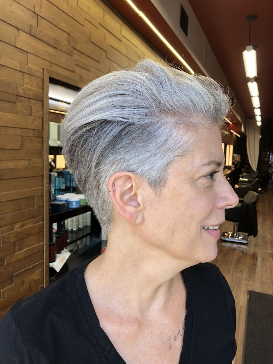 Silver grey colour on a short pixie cut