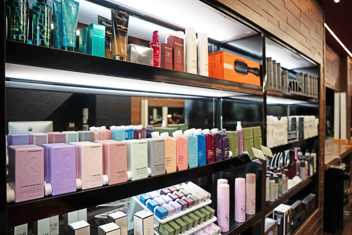 Hair care shelves at Ergys Studio